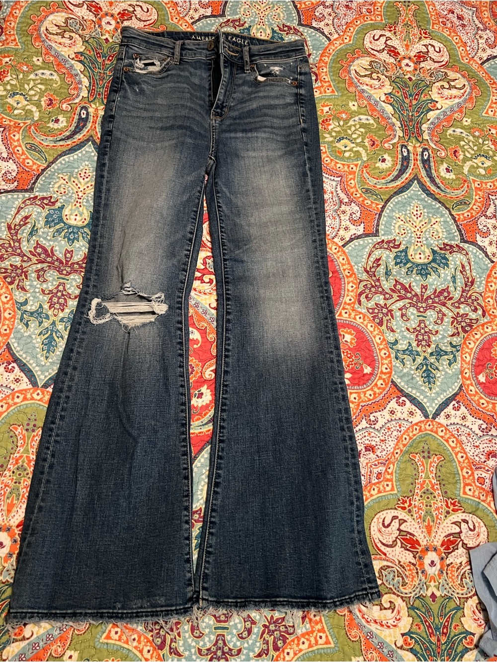 American Eagle Outfitters Dark Blue Distressed Flare Jeans